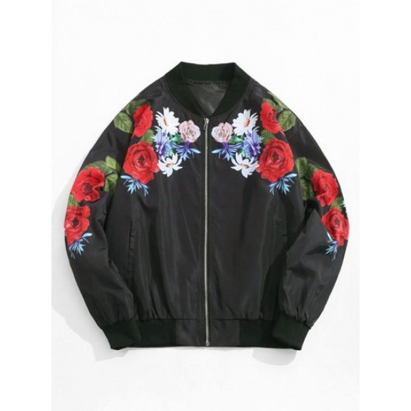 Flower Pattern Print Zip Up Bomber Jacke... Flower Pattern Print Zip Up Bomber Jacke...