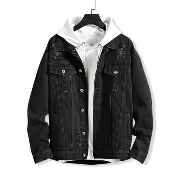 Solid Color Ripped Decorated Denim Jacke... Solid Color Ripped Decorated Denim Jacke...