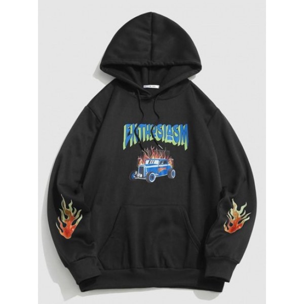 Streetwear Flame Car Graphic Fleece-line... Streetwear Flame Car Graphic Fleece-line...