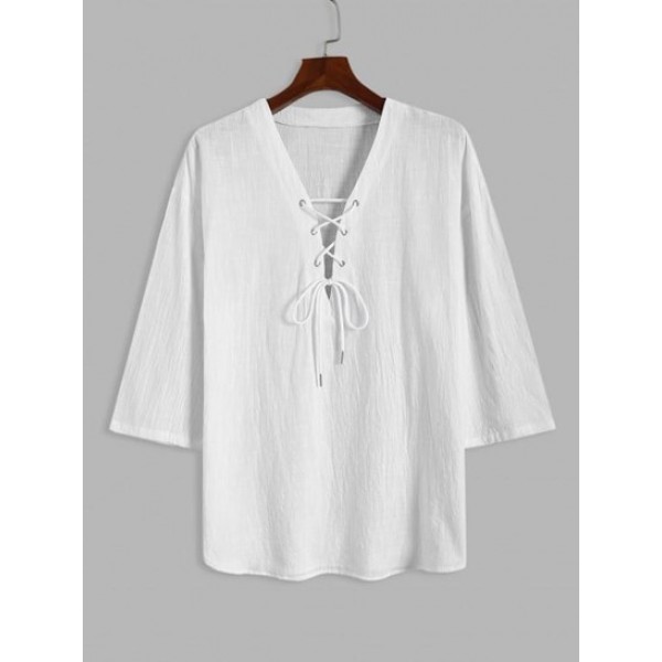 Lace Up Solid Color Mid-Sleeve T Shirt Lace Up Solid Color Mid-Sleeve T Shirt