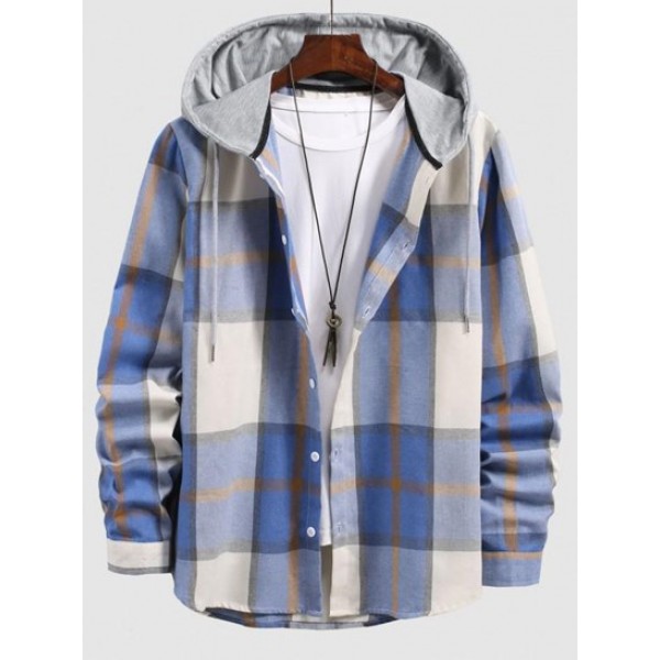 Check Print Contrasting Hooded Shirt Check Print Contrasting Hooded Shirt