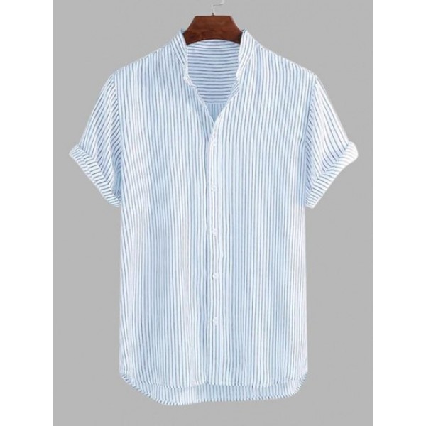 Striped High Low Stand Collar Shirt Striped High Low Stand Collar Shirt