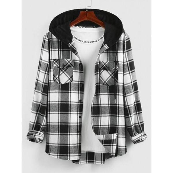 Hooded Plaid Print Double Pockets Shirt Hooded Plaid Print Double Pockets Shirt