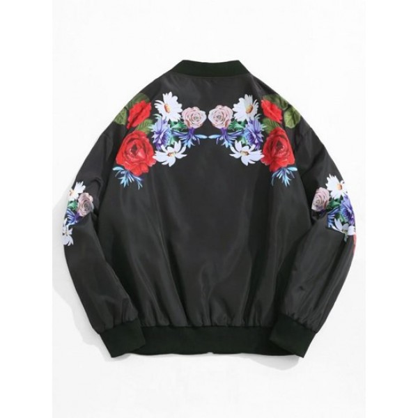Flower Pattern Print Zip Up Bomber Jacket Flower Pattern Print Zip Up Bomber Jacket