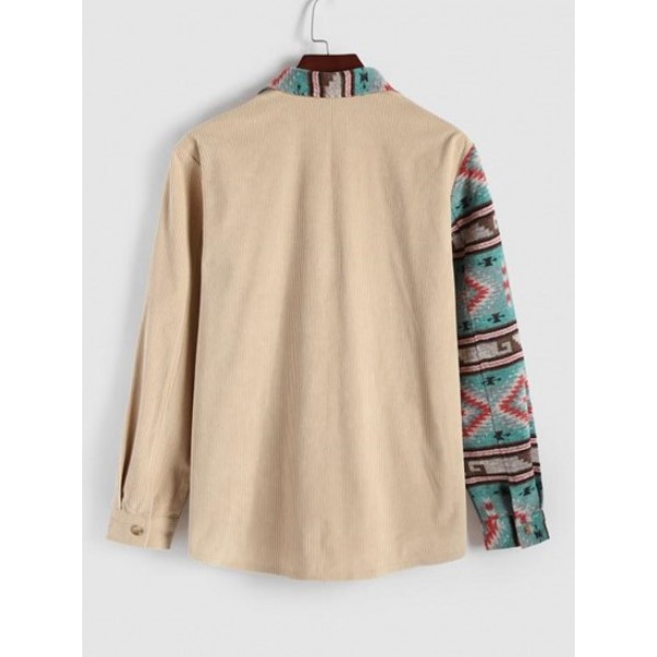 Flap Pocket Ethnic Aztec Printed Woolen Corduroy Spliced Shacket Flap Pocket Ethnic Aztec Printed Woolen Corduroy Spliced Shacket