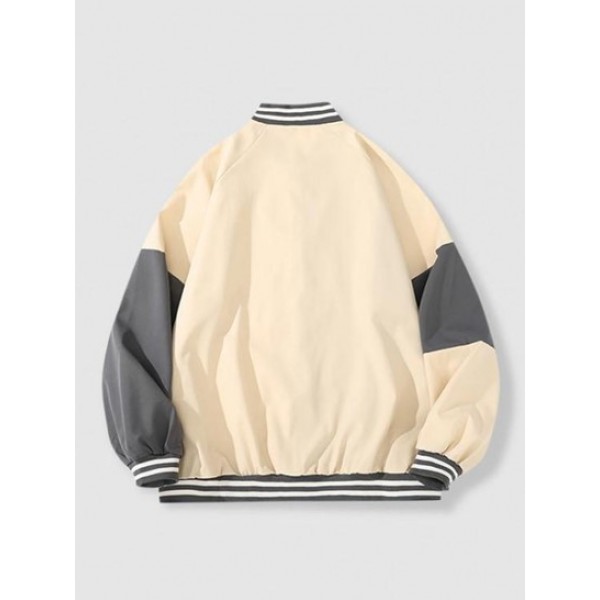 Two Tone Letter Printed Button Fly Bomber Varsity Jacket Two Tone Letter Printed Button Fly Bomber Varsity Jacket