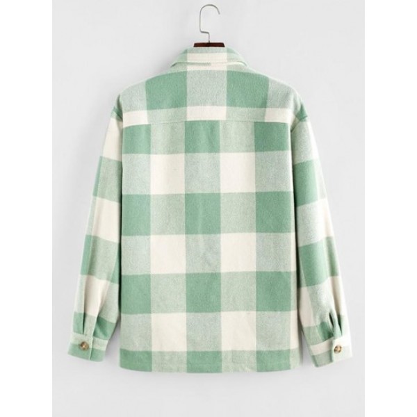 Plaid Pattern Double Pockets Wool Blend Shacket Plaid Pattern Double Pockets Wool Blend Shacket