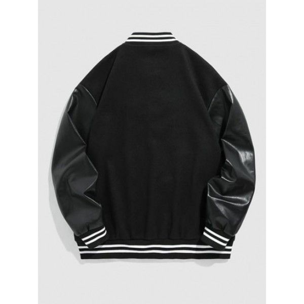 Letter LOS ANGELES Embroidery PU Leather Spliced Baseball Varsity Jacket Letter LOS ANGELES Embroidery PU Leather Spliced Baseball Varsity Jacket