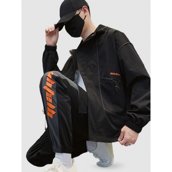 Hooded Toggle Drawstring Zip Up Graphic Binding Trim Jacket Hooded Toggle Drawstring Zip Up Graphic Binding Trim Jacket