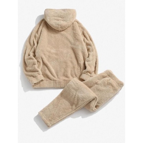 Solid Front Pocket Fluffy Fleece Hoodie And Pants Two Piece Set Solid Front Pocket Fluffy Fleece Hoodie And Pants Two Piece Set
