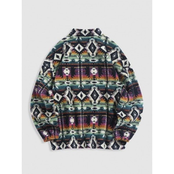 Ethnic Aztec Printed Zip Up Fluffy Teddy Sweatshirt Ethnic Aztec Printed Zip Up Fluffy Teddy Sweatshirt