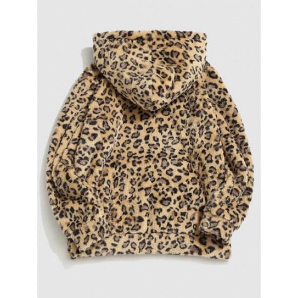 Leopard Pattern Applique Fleece Fluffy Hoodie Leopard Pattern Applique Fleece Fluffy Hoodie