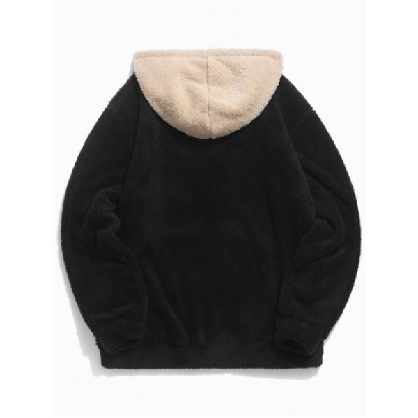 Colorblock Splicing Drawstring Fluffy Fleece Hoodie Colorblock Splicing Drawstring Fluffy Fleece Hoodie