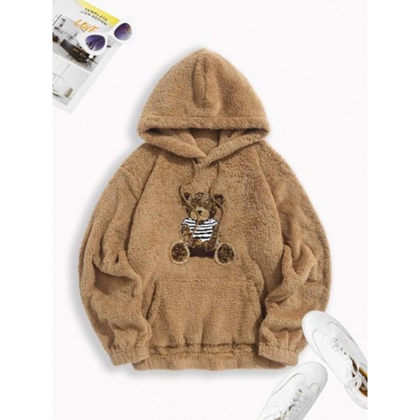 Bear Pattern Pullover Fluffy Teddy Hoodie Bear Pattern Pullover Fluffy Teddy Hoodie