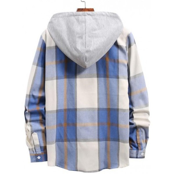 Check Print Contrasting Hooded Shirt Check Print Contrasting Hooded Shirt