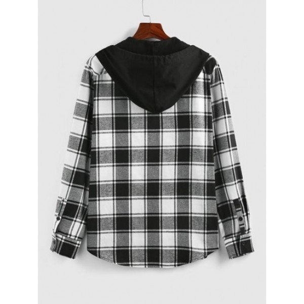 Hooded Plaid Print Double Pockets Shirt Hooded Plaid Print Double Pockets Shirt