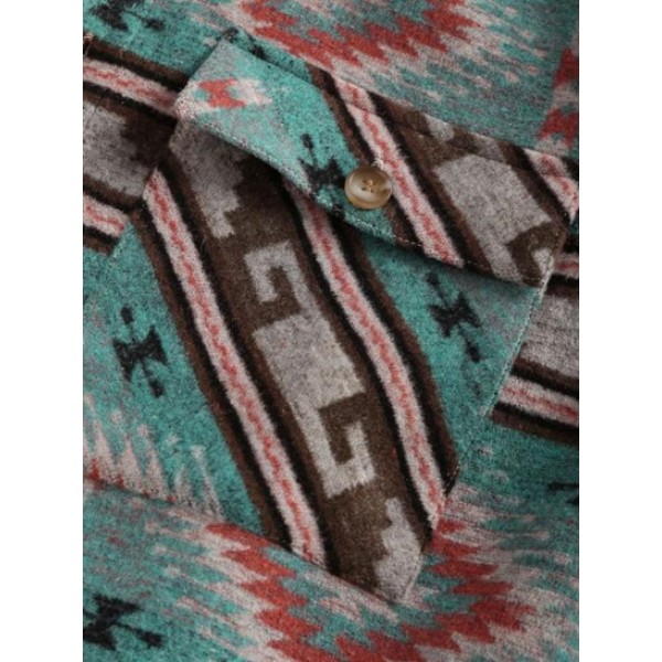 Flap Pocket Ethnic Aztec Printed Woolen Corduroy Spliced Shacket Flap Pocket Ethnic Aztec Printed Woolen Corduroy Spliced Shacket