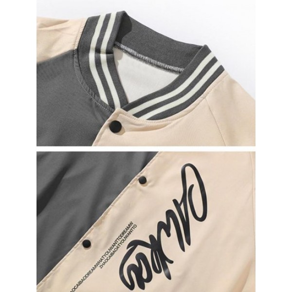 Two Tone Letter Printed Button Fly Bomber Varsity Jacket Two Tone Letter Printed Button Fly Bomber Varsity Jacket