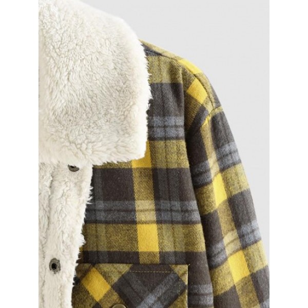 Fluffy Fleece-lined Plaid Pattern Button Front Jacket Fluffy Fleece-lined Plaid Pattern Button Front Jacket