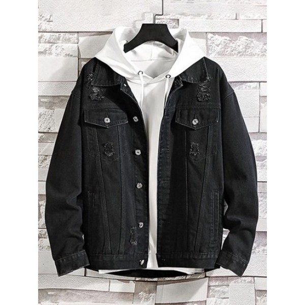 Solid Color Ripped Decorated Denim Jacket Solid Color Ripped Decorated Denim Jacket