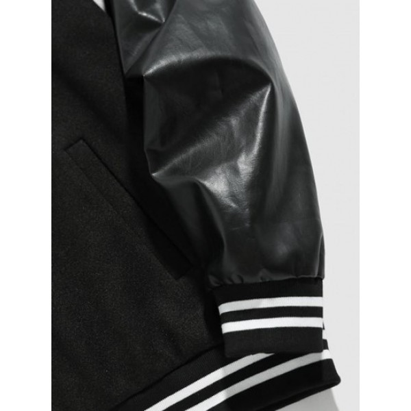 Letter LOS ANGELES Embroidery PU Leather Spliced Baseball Varsity Jacket Letter LOS ANGELES Embroidery PU Leather Spliced Baseball Varsity Jacket