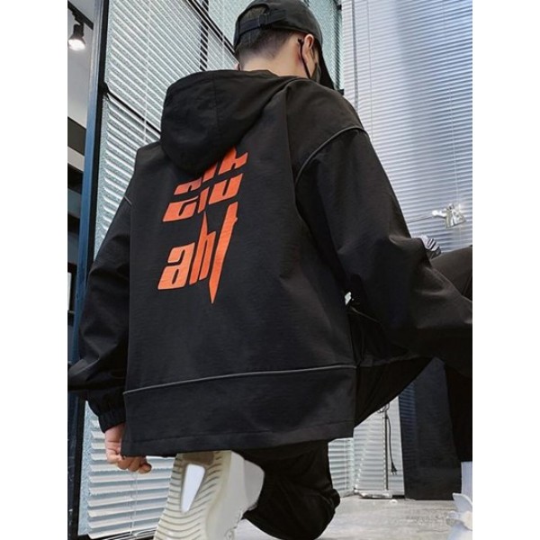 Hooded Toggle Drawstring Zip Up Graphic Binding Trim Jacket Hooded Toggle Drawstring Zip Up Graphic Binding Trim Jacket