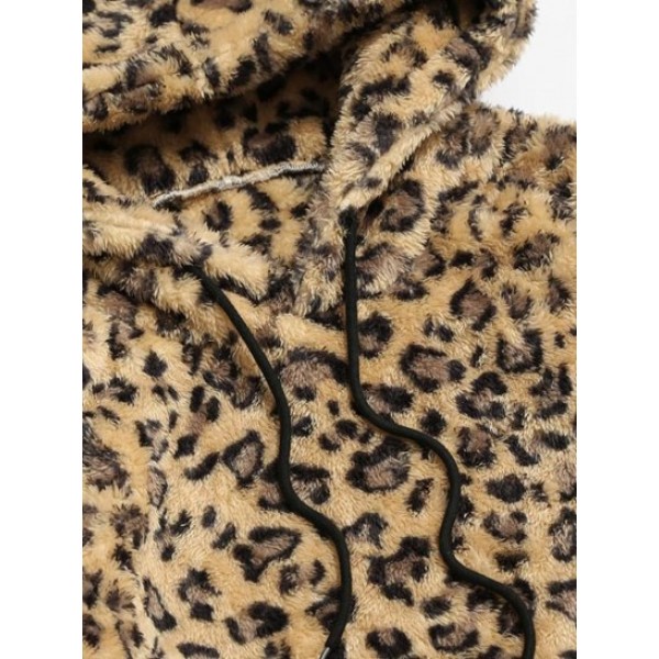 Leopard Pattern Applique Fleece Fluffy Hoodie Leopard Pattern Applique Fleece Fluffy Hoodie