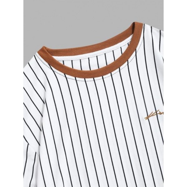 Letter Embroider Contrast Color Striped T-shirt Letter Embroider Contrast Color Striped T-shirt