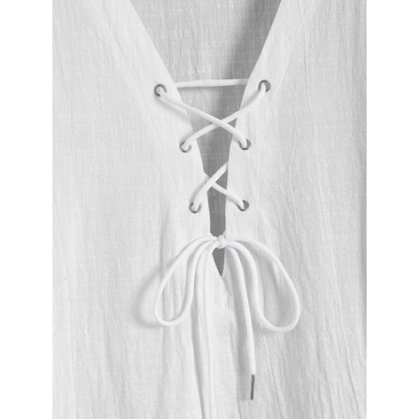 Lace Up Solid Color Mid-Sleeve T Shirt Lace Up Solid Color Mid-Sleeve T Shirt