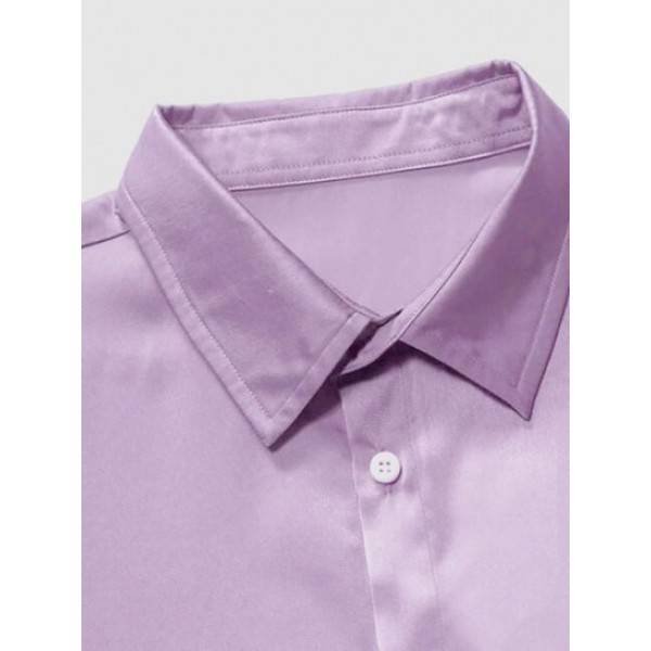 Solid Color Short Sleeves Button Up Party Satin Shirt Solid Color Short Sleeves Button Up Party Satin Shirt
