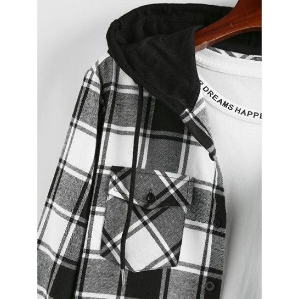 Hooded Plaid Print Double Pockets Shirt Hooded Plaid Print Double Pockets Shirt