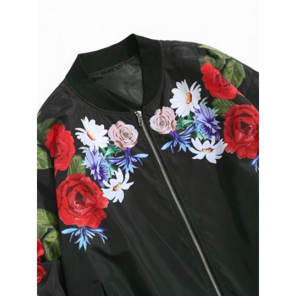 Flower Pattern Print Zip Up Bomber Jacket Flower Pattern Print Zip Up Bomber Jacket