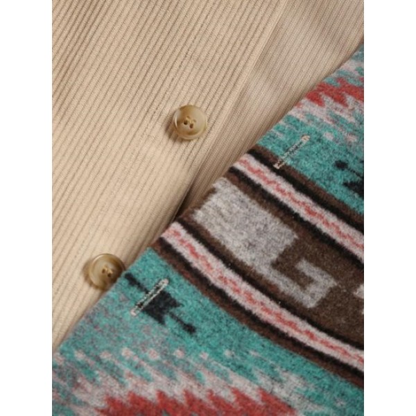 Flap Pocket Ethnic Aztec Printed Woolen Corduroy Spliced Shacket Flap Pocket Ethnic Aztec Printed Woolen Corduroy Spliced Shacket