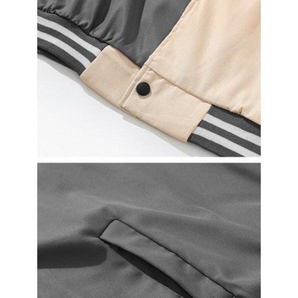 Two Tone Letter Printed Button Fly Bomber Varsity Jacket Two Tone Letter Printed Button Fly Bomber Varsity Jacket