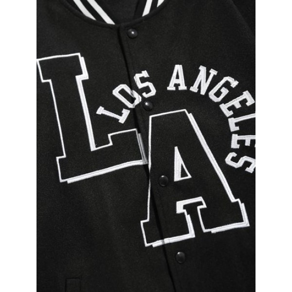 Letter LOS ANGELES Embroidery PU Leather Spliced Baseball Varsity Jacket Letter LOS ANGELES Embroidery PU Leather Spliced Baseball Varsity Jacket
