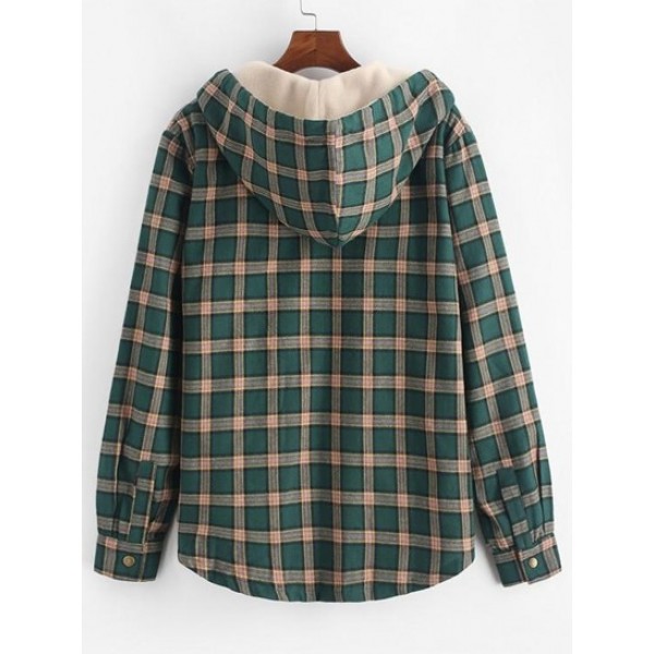 Fuzzy Flannel Plaid Chest Pocket Fleece Drawstring Hooded Vintage Jacket Fuzzy Flannel Plaid Chest Pocket Fleece Drawstring Hooded Vintage Jacket