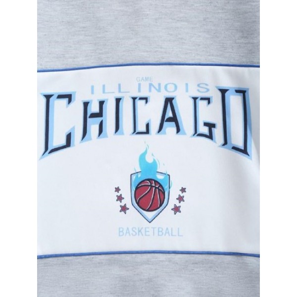 Letter CHICAGO And Basketball Printed Fleece-lined Pullover Hoodie Letter CHICAGO And Basketball Printed Fleece-lined Pullover Hoodie
